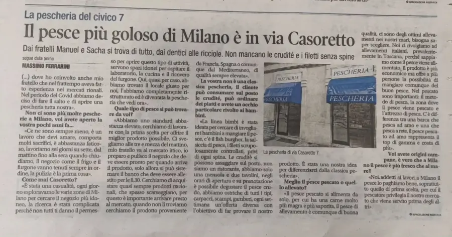 Articolo di giornale dedicato alla Pescheria di Casoretto, con l’intervista ai due fratelli titolari